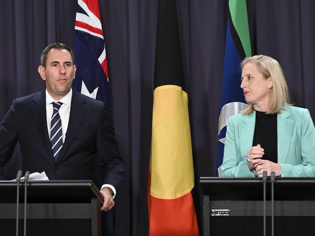 CANBERRA, Australia - NewsWire Photos - September 30, 2024: Treasurer Jim Chalmers and Finance Minister Katy Gallagher hold a press conference about the Final Budget Outcome released today at Parliament House in Canberra. Picture: NewsWire / Martin Ollman