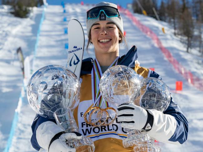 Australian moguls skier Jakara Anthony with her haul after a record-breaking World Cup campaign in 2023-24. Pic: Supplied (OWIA, Chris Hocking)