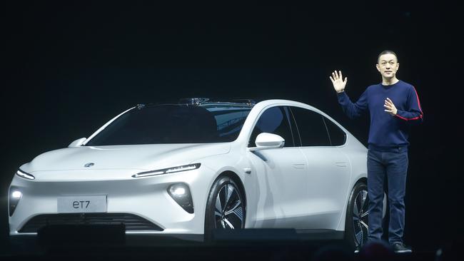 NIO chief executive William Li introduces the NIO ET7, the flagship sedan for the Chinese electric car manufacturer, at its launch ceremony in Chengdu on Saturday. Picture: AFP