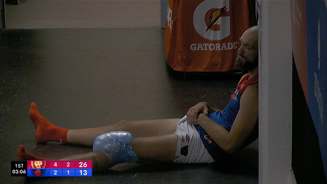 Max Gawn forlorn in the rooms after his knee injury.
