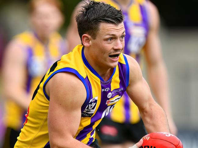 MELBOURNE, AUSTRALIA - MAY 19: Blake Watson of Sandringham runs with the ball during the 2024 VFL Round 08 match between Sandringham and Richmond at Trevor Barker Beach Oval on May 19, 2024 in Melbourne, Australia. (Photo by Josh Chadwick/AFL Photos)