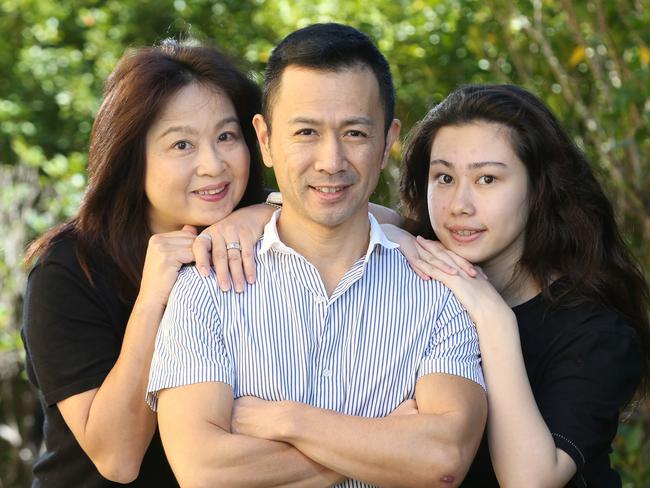 Minehiko Shimodaira, Australia's oldest apprentice jockey, relaxing at his Robina home with his wife Saori Shimodaira and daughter Luka Shimodaira 14. Picture Glenn Hampson