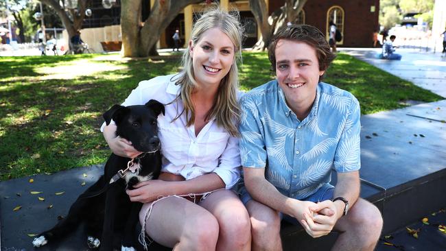 Yes voters Rachael Hayes and partner Dom Ellis with dog Billie in Manly yesterday. Picture: John Feder