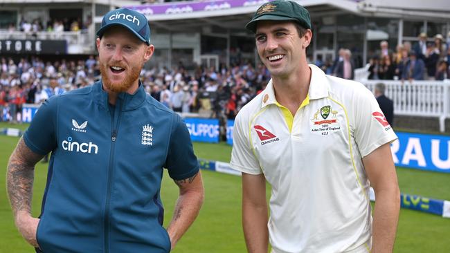 England captain Ben Stokes and Cummins after the second Test. Picture: Getty Images