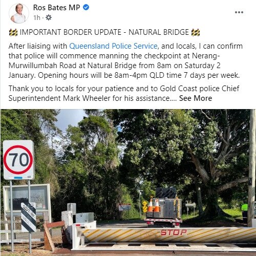 Ros Bates Facebook post regarding a new border checkpoint on Nerang-Murwillumbah Road at Natural Bridge.