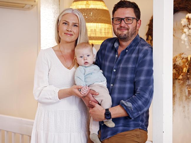 Fiona Ellis-Jones with husband Mark Scognamiglio and eight-month-old son Banksi at their Bilgola Plateau home. Picture: Sam Ruttyn