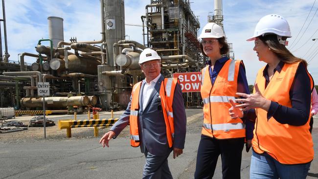 Andrew Forrest, left, from Fortescue Future Industries, Incitec Pivot CEO Jeanne Johns, centre, and Queensland Premier Annastacia Palaszczuk at Incitec Pivot’s Gibson Island plant in Brisbane.