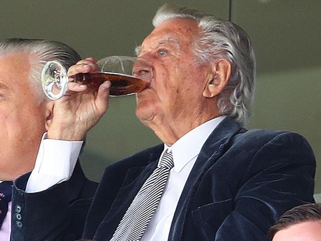 Former Australian Prime Minister Bob Hawke enjoying a beer during Day 2 of 3rd Test match Australia v Pakistan  at the SCG. Picture. Phil Hillyard