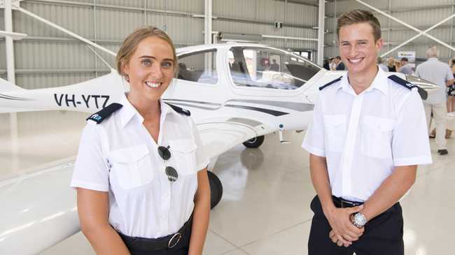 Student pilots Kimberley Pike and Thomas Fanshawe . Official opening of Qantas Group Pilot Academy at Wellcamp Airport. Wednesday, 29th Jan, 2020. Picture: Nev Madsen