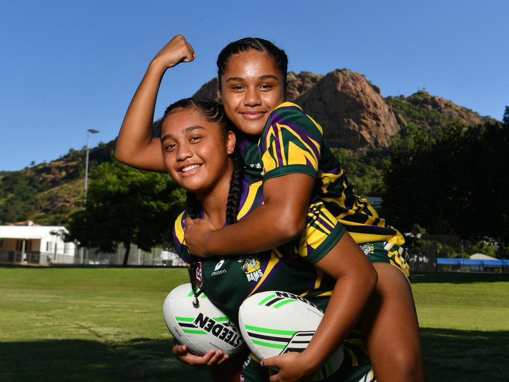 Blackhawks’ Serenity Mila, pictured carrying her younger sister Jurney in 2023, is a versatile forward capable of playing both in the middle and on the edge. Picture: Evan Morgan