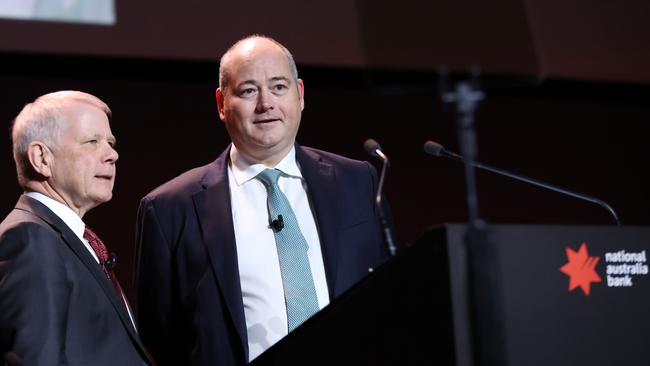 NAB chairman Philip Chronican and CEO Andrew Irvine at the bank’s annual shareholder meeting in Melbourne in December. Picture: Con Chronis/AAP Image