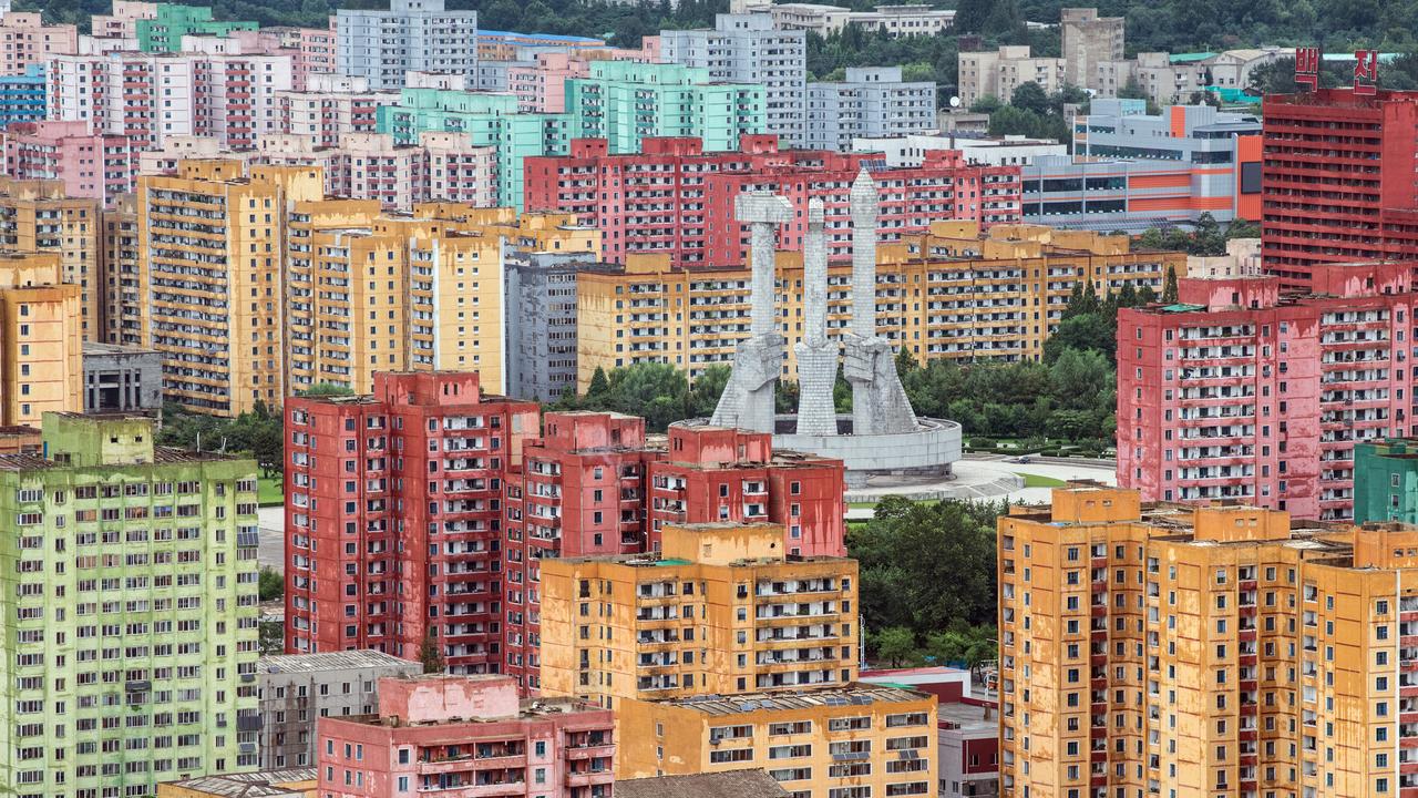 A workers monument is seen between apartment blocks in Pyongyang, North Korea. Picture: Carl Court/Getty Images