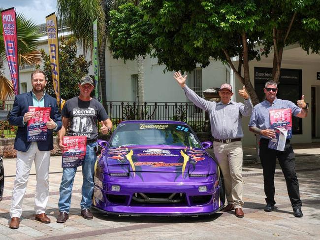 Rockhampton Regional Council Tourism and Events Manager Zac Garven, Councillor Elliot Hilse, Rockhampton Region Mayor Tony Williams and Councillor Edward Oram launch the bumper Rare Spares Rockynats 05 program. Pic: Contributed