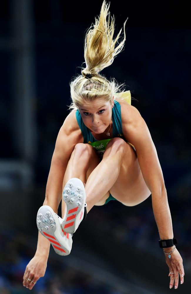 Stratton in action for Australia during the long jump qualifying round at the Rio Olympics.