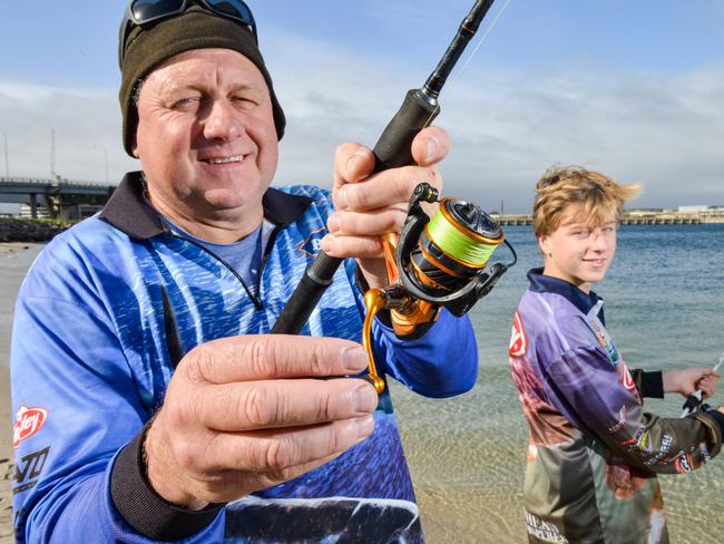 Recreational fisherman Tim Johnson and son Ryan fishing at the Port river, Sunday, June 14, 2020. Recreational fishers could have to carry a licence with them under a plan by the Ministers Recreational Fishing Advisory Council. (Pic: Brenton Edwards)