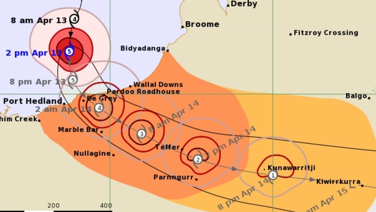 BOM predicts Ilsa will cross the Kimberley coast about 11pm AWST after intensifying to a category 5 system early Thursday afternoon.