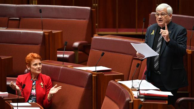 One Nation leader Pauline Hanson reacts to United Australia Party senator Brian Burston. Picture: AAP.