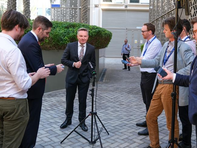 Minister for Climate Change and Energy, Chris Bowen, speaks to the media at COP 28 in Dubai Photo: Jacquelin Magnay