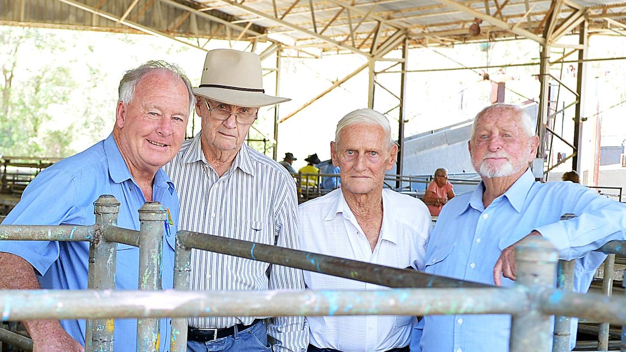 Bill Bishop (second from left and pictured here with Tom Grady, Keith Gate, Alain Henderson) was a key part of the region’s cattle industry through his work as a stock agent. Photo Renee Albrecht/Gympie Times