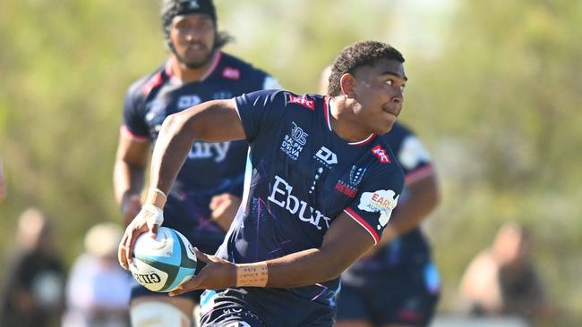 MELBOURNE, AUSTRALIA - FEBRUARY 03: Angelo Smith of the Rebels takes possession of the ball during the Super Rugby Pacific Trial Match between Melbourne Rebels and NSW Waratahs at Harold Caterson Reserve on February 03, 2024 in Melbourne, Australia. (Photo by Morgan Hancock/Getty Images)