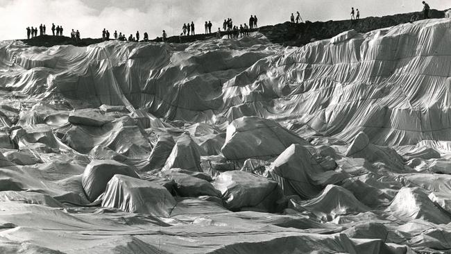 Christo and Jeanne-Claude’s 1969 breakout project, Wrapped Coast, at Sydney’s Little Bay. Picture: © J. Paul Getty Trust.