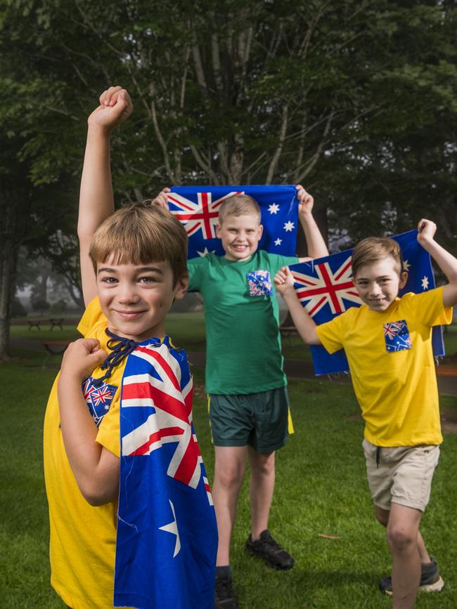 Showing their support for Australia are (from left) Vincent Collins, Saxon Wegener and Levi Higgins, Wednesday, November 10, 2021. Picture: Kevin Farmer