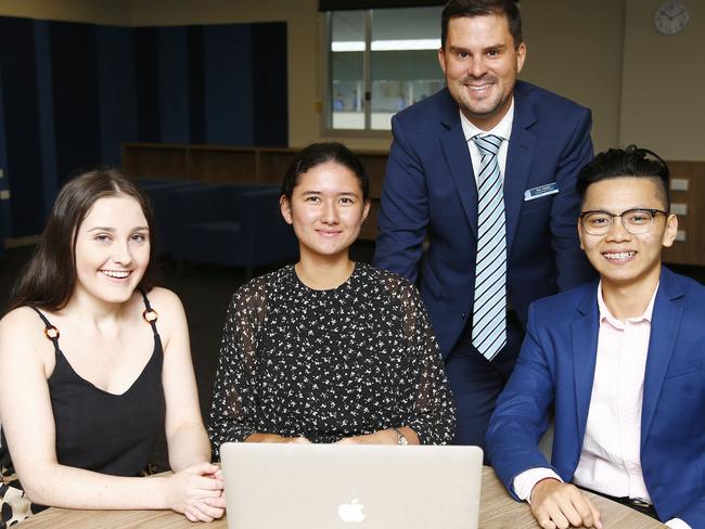 Jasmine Richards, Sophia Mepham and Zung Dang with Ben Weeks at Southport State School. Picture: Tertius Pickard