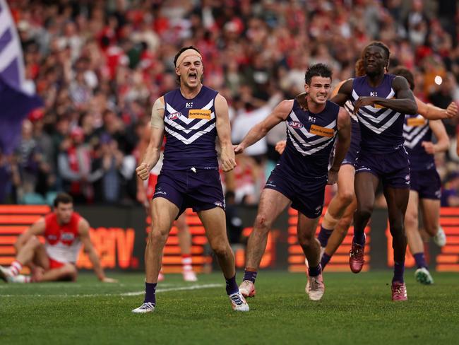 Fremantle’s emotion on the siren said it all. Picture: Cameron Spencer/Getty Images