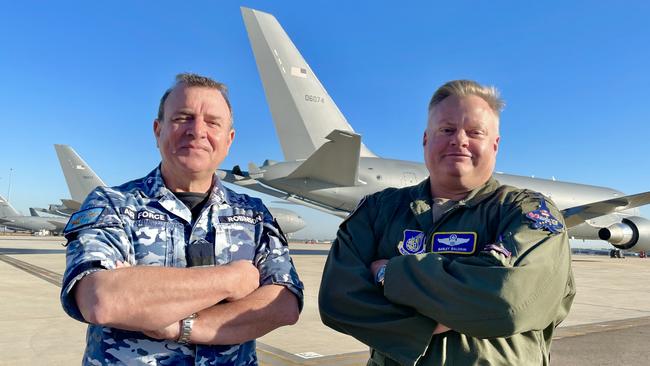 RAAF Commander Air Task Group, Air Commodore Peter Robinson and United States Air Force Colonel Brian Baldwin in Darwin for the launch of Operation Talisman Sabre 2023. Picture: Fia Walsh