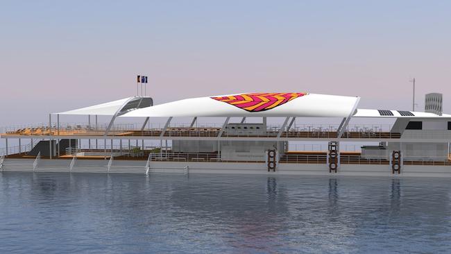 Construction is well under way on Experience Co's new Dreamtime Island tourist pontoon to be stationed at Moore Reef from 2022. PICTURE: SUPPLIED