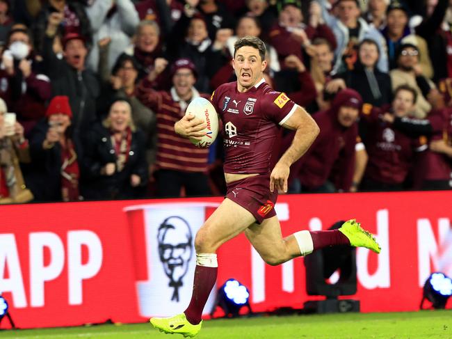 Ben Hunt scores during game 3, the decider, of the State of Origin series between Queensland and New South Wales at Suncorp Stadium last yer. Picture: Adam Head