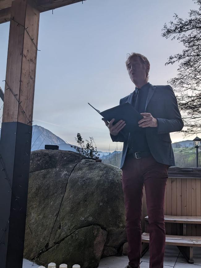 Mark, the celebrant, conducts the living funeral of Matt Morgan and his mates.