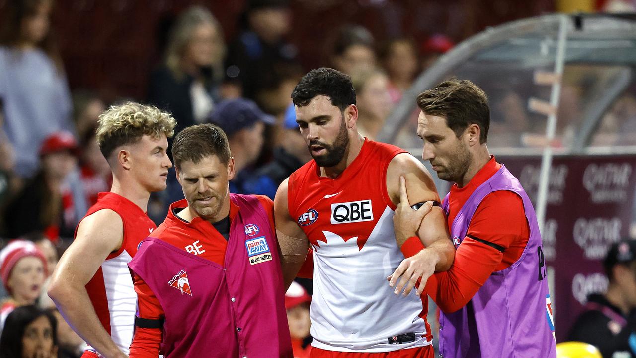 Sydney's Paddy McCartin after a head knock during the AFL Round 4 match between the Sydney Swans and Port Adelaide Power at the SCG on April 8, 2023. Photo by Phil Hillyard (Image Supplied for Editorial Use only - **NO ON SALES** - Â©Phil Hillyard )