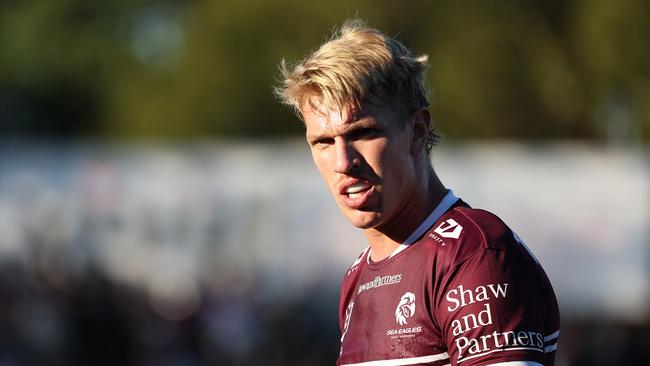 SYDNEY, AUSTRALIA - JUNE 16: Ben Trbojevic of the Sea Eagles looks on after scoring a try during the round 15 NRL match between Manly Sea Eagles and St George Illawarra Dragons at 4 Pines Park, on June 16, 2024, in Sydney, Australia. (Photo by Jeremy Ng/Getty Images)