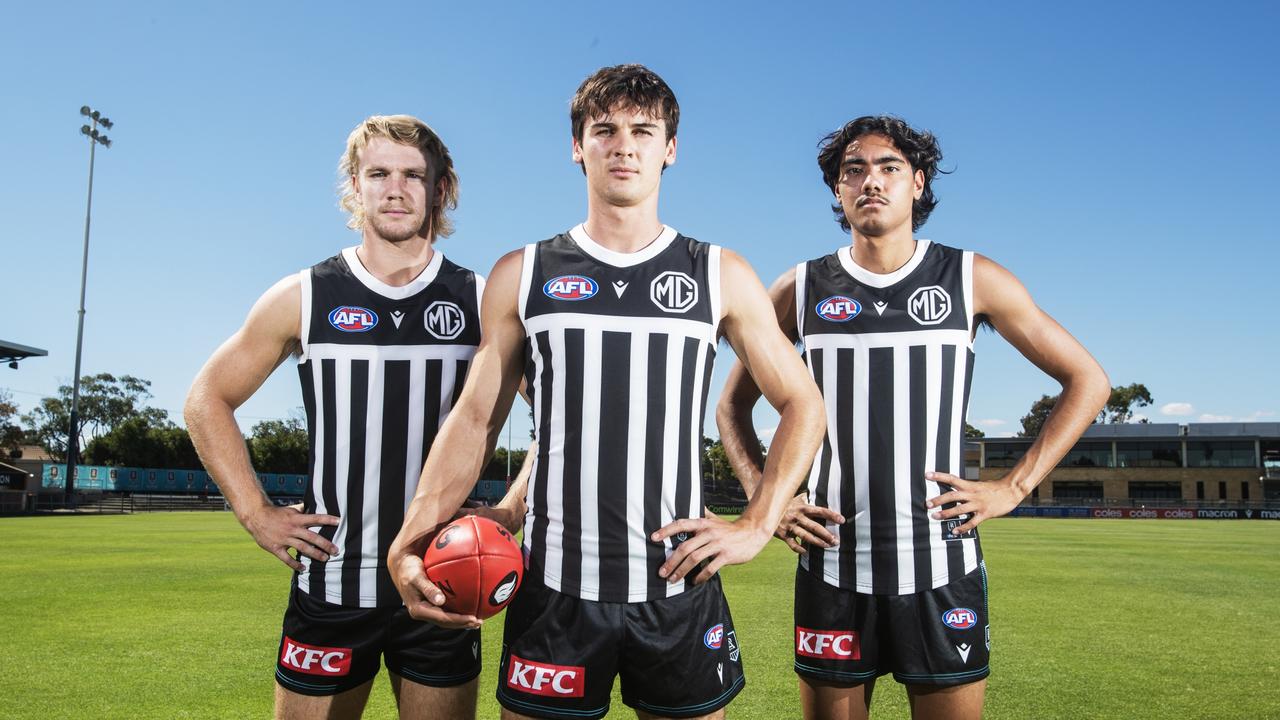 Port Adelaide will be allowed to wear their traditional prison bar guernsey in round 3 for the showdown against Adelaide. Picture: Simon Cross