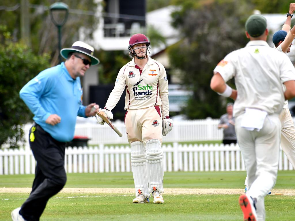 Toombul batsman Harry McNeilly getting out Sci-Fleet Motors club cricket competition between Toombul and Redlands Saturday October 1, 2022. Picture, John Gass