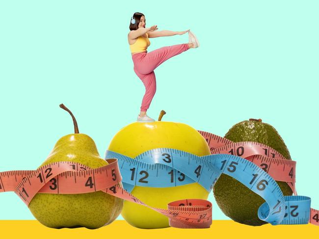 Young girl training, losing weight, following healthy diet with fruits and vegetables. Contemporary art collage. Concept of food, creativity, sport. Modern design. Copy space for ad. banner