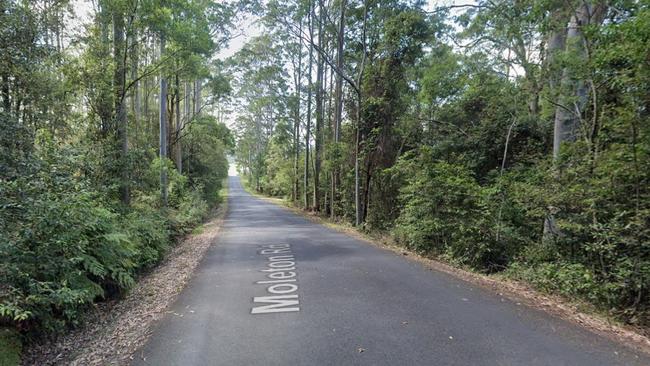 Moleton Road, Lowanna, near Coffs Harbour where a man in his 70s died after his vehicle left the road and hit a tree.