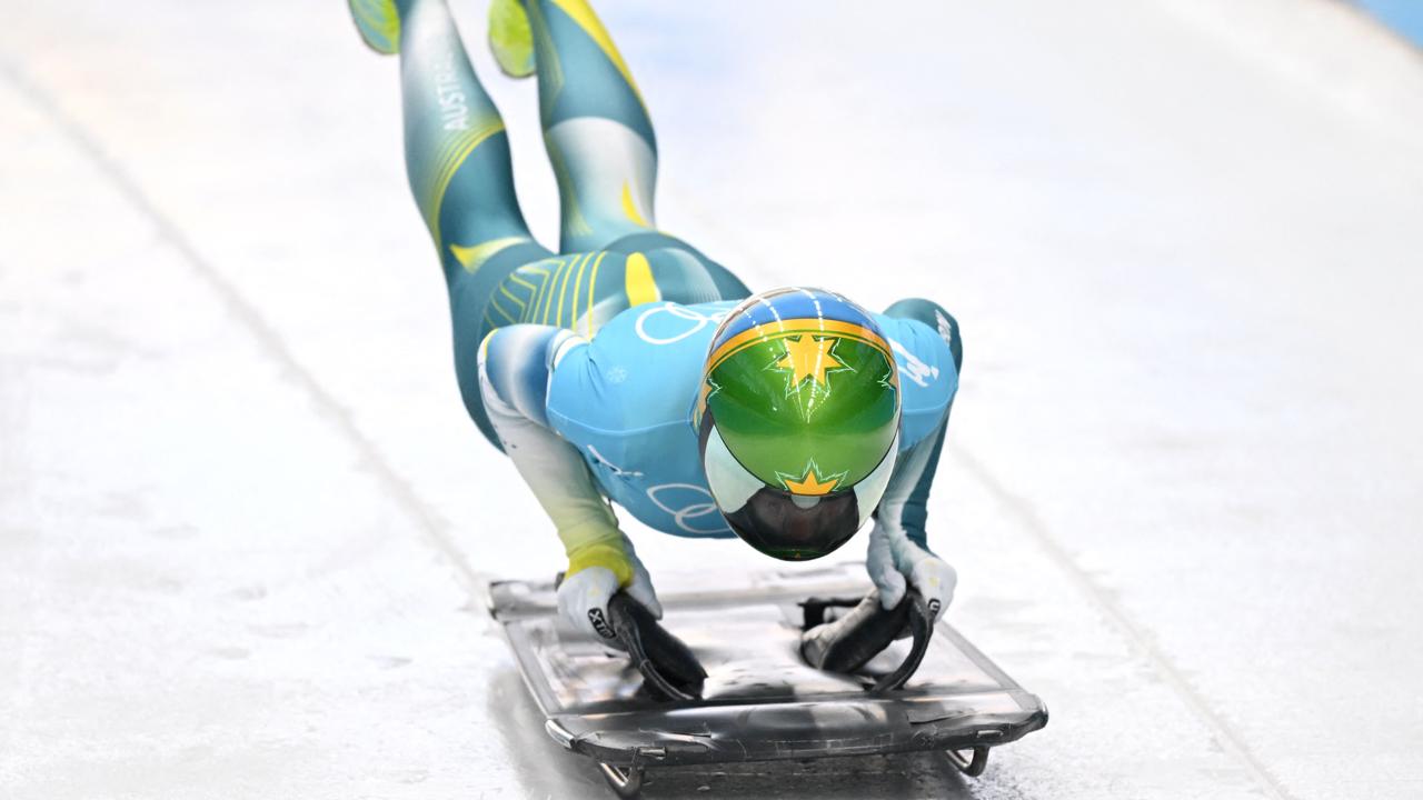 Australia's Jaclyn Narracott takes part in the women's skeleton training at the Yanqing National Sliding Centre during the Beijing 2022 Winter Olympic Games in Yanqing on February 8, 2022. (Photo by Daniel MIHAILESCU / AFP)