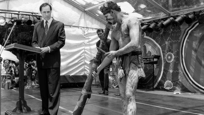 Then prime minister Paul Keating launching the International Year of Indigenous People on stage with a didgeridoo player at Sydney’s Redfern in 1992.