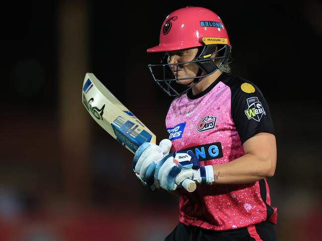 SYDNEY, AUSTRALIA - OCTOBER 19: Alyssa Healy of the Sixers comes off after being caught out by Annabel Sutherland of the Stars bowled by Sophie Day of the Stars during the WBBL match between Sydney Sixers and Melbourne Stars at North Sydney Oval, on October 19, 2023, in Sydney, Australia. (Photo by Mark Evans/Getty Images)