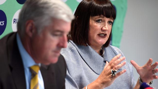 Rugby Australia CEO Raelene Castle (R) speaks during a press conference with Rugby Australia chairman Cameron Clyne. Picture: William West/AFP