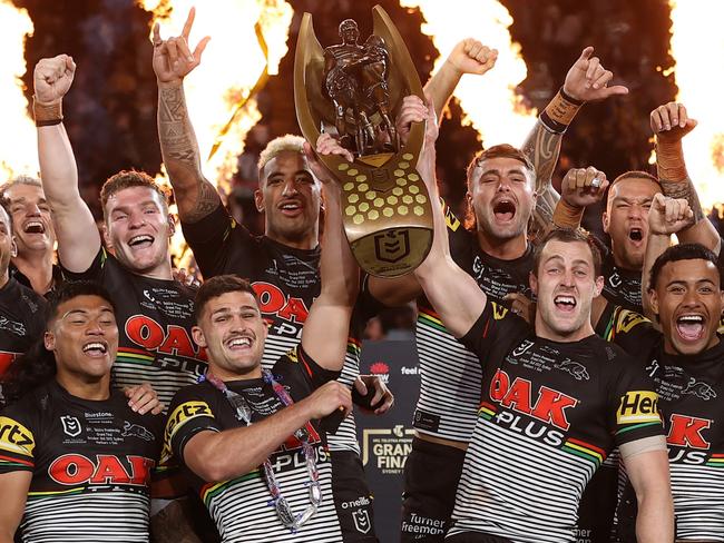 SYDNEY, AUSTRALIA - OCTOBER 02: The Panthers celebrate with the NRL Premiership Trophy after victory in the 2022 NRL Grand Final match between the Penrith Panthers and the Parramatta Eels at Accor Stadium on October 02, 2022, in Sydney, Australia. (Photo by Cameron Spencer/Getty Images)