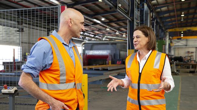 Deb Frecklington, right, speaks with Des Watkins of Brisbane-based steel fabrication company Watkins Steel on Wednesday. Picture: Sarah Marshall