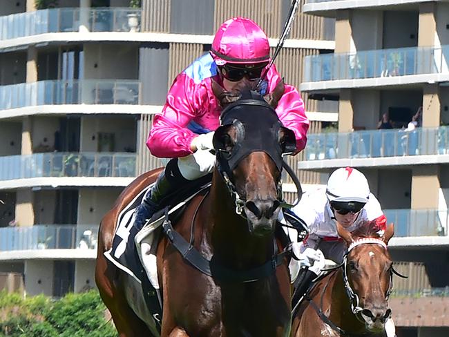 The David Vandyke-trained filly Philia wins a 3YO Handicap race over 1600m with Cejay Graham onboard at Eagle Farm on March 15, 2025. Picture: Grant Peters / Trackside Photography