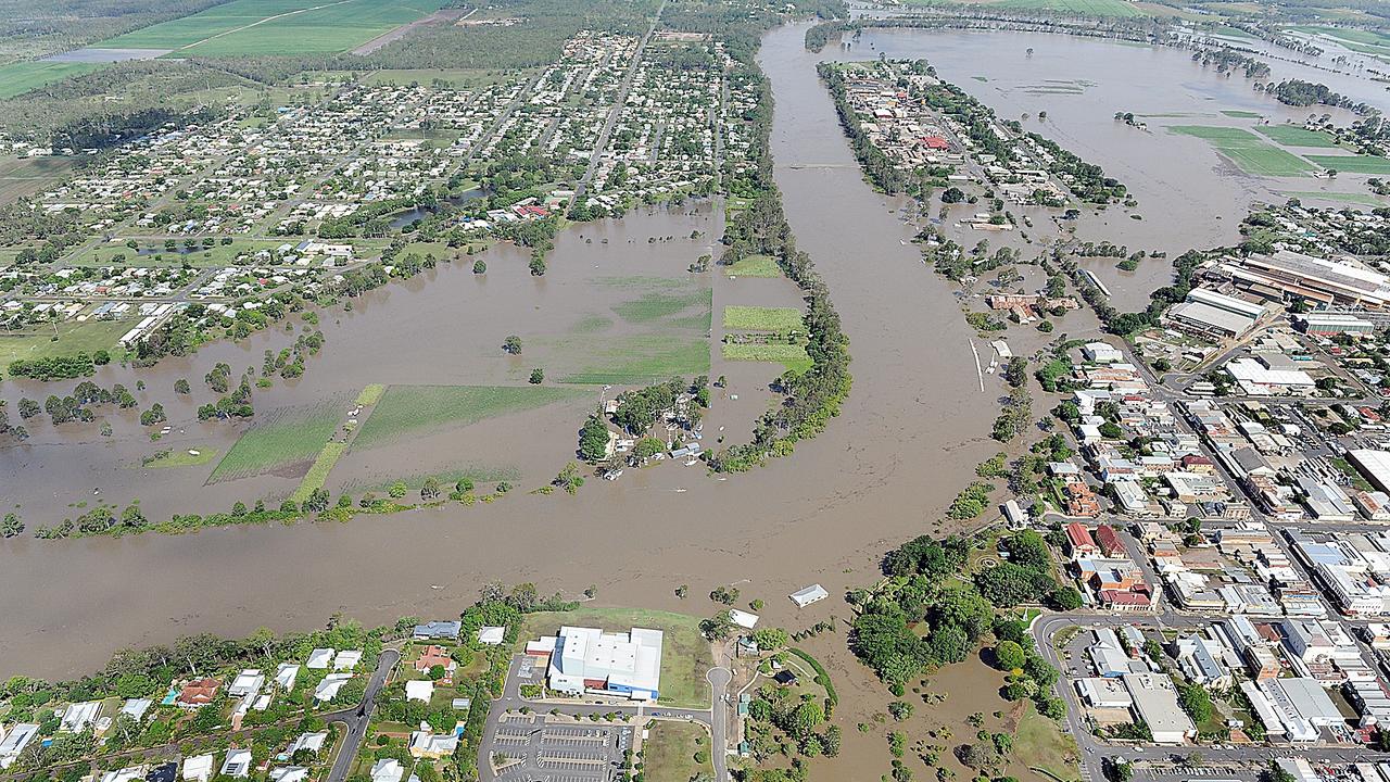 Aerial shot of the Mary River in flood at Maryborough in 2013. Photo: Alistair Brightman/Fraser Coast Chronicle