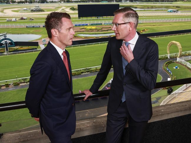 Labor leader Chris Minns, left, and NSW Premier, Dominic Perrottet chat at The Daily Telegraph's Future Western Sydney 2023 lunch at Rosehill Gardens. Picture: Justin Lloyd.