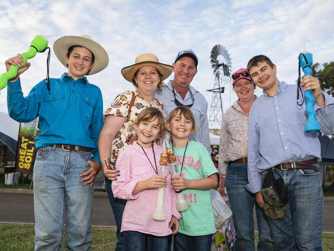 Enjoying the Toowoomba Royal Show are (back, from left) Cameron Rutherford, Andrea Dobson, Ray Dobson, Sharon Rutherford and Michael Rutherford with Penny Dobson (left) and Izzie Dobson, Friday, March 31, 2023. Picture: Kevin Farmer