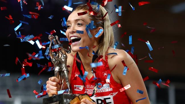 Helen Housby soaks up NSW Swifts’ title win last year.