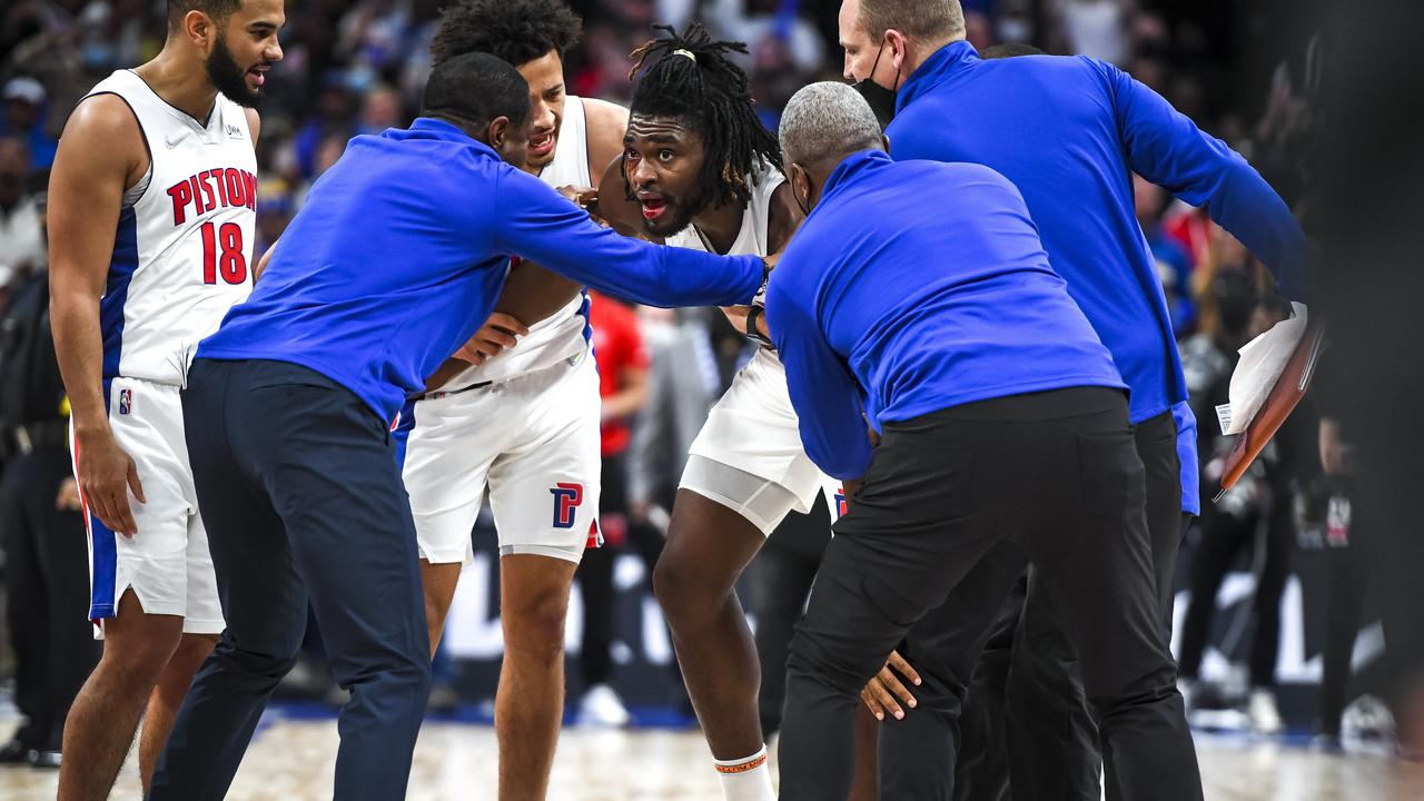 Isaiah Stewart needed an army to stop him from getting at James. Photo by Nic Antaya/Getty Images.